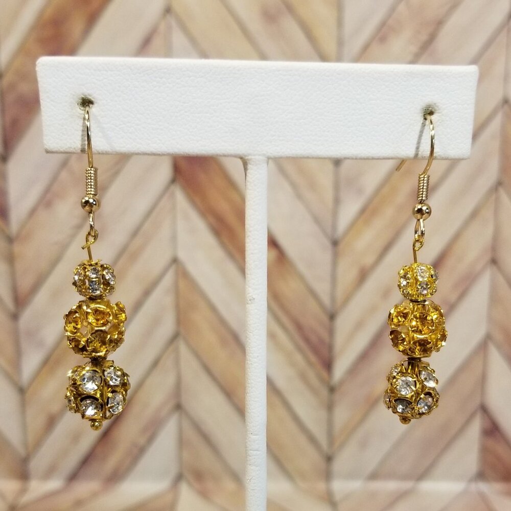Rhinestone Gold Dangling Earrings, 3 Beads